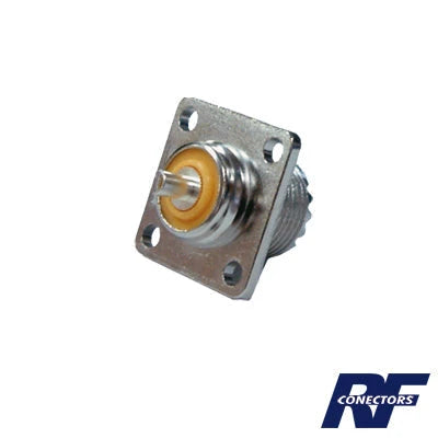 CONECTOR UHF HEMBRA (SO-239), PARA MONTAJE EN CHASIS CON 4 PERFORACIONES A 18 MM., TERMINAL SOLDABLE, NÍQUEL/ PLATA/ DELRIN.-Filtros y Sistemas en RF-RF INDUSTRIES,LTD-Bsai Seguridad & Controles