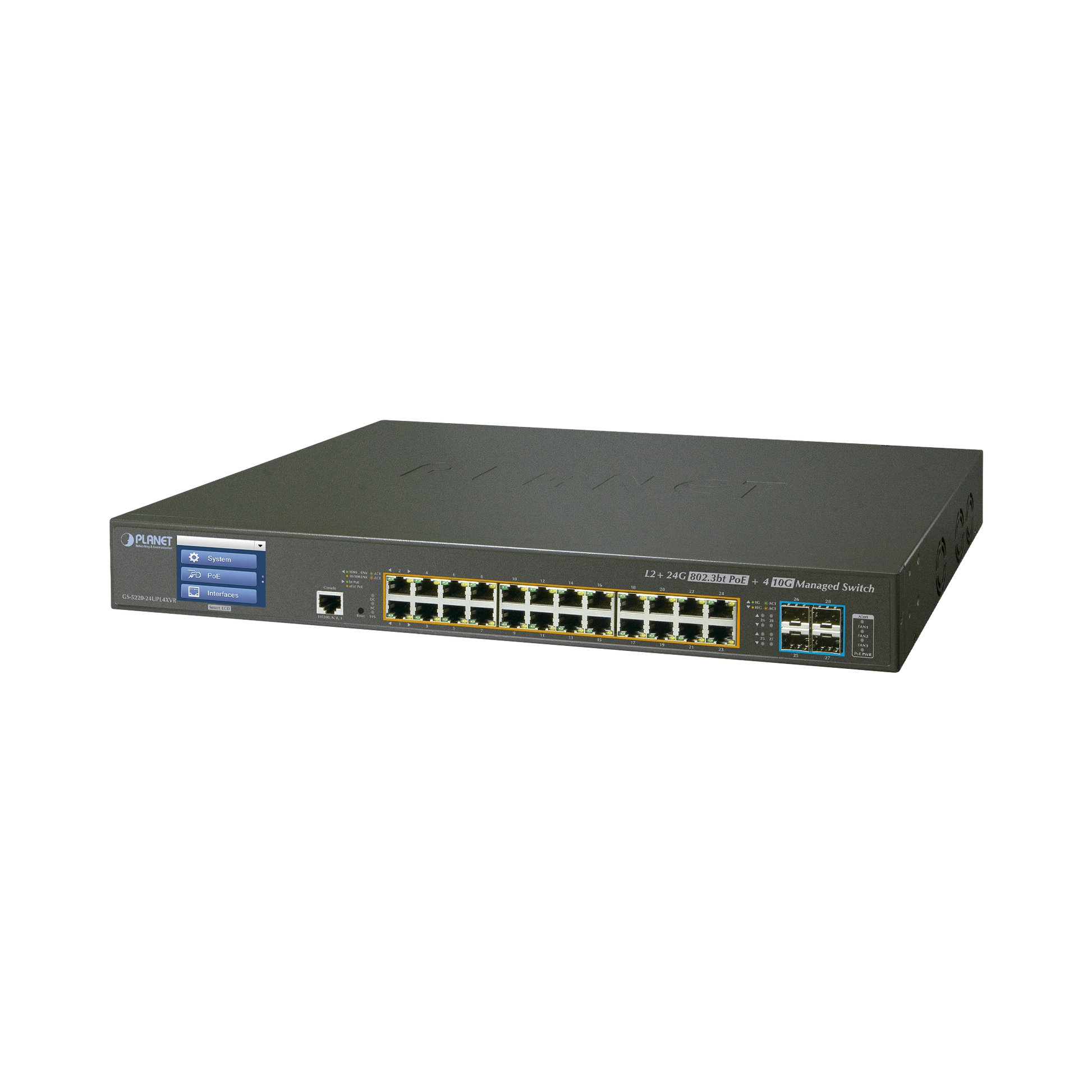 SWITCH ADMINISTRABLE L2+ 24 PUERTOS GIGABIT C/ ULTRA POE, 4 PUERTOS 10G SFP, C/DISPLAY, FUENTE REDUNDANTE (600W)-PoE de Largo Alcance-PLANET-Bsai Seguridad & Controles