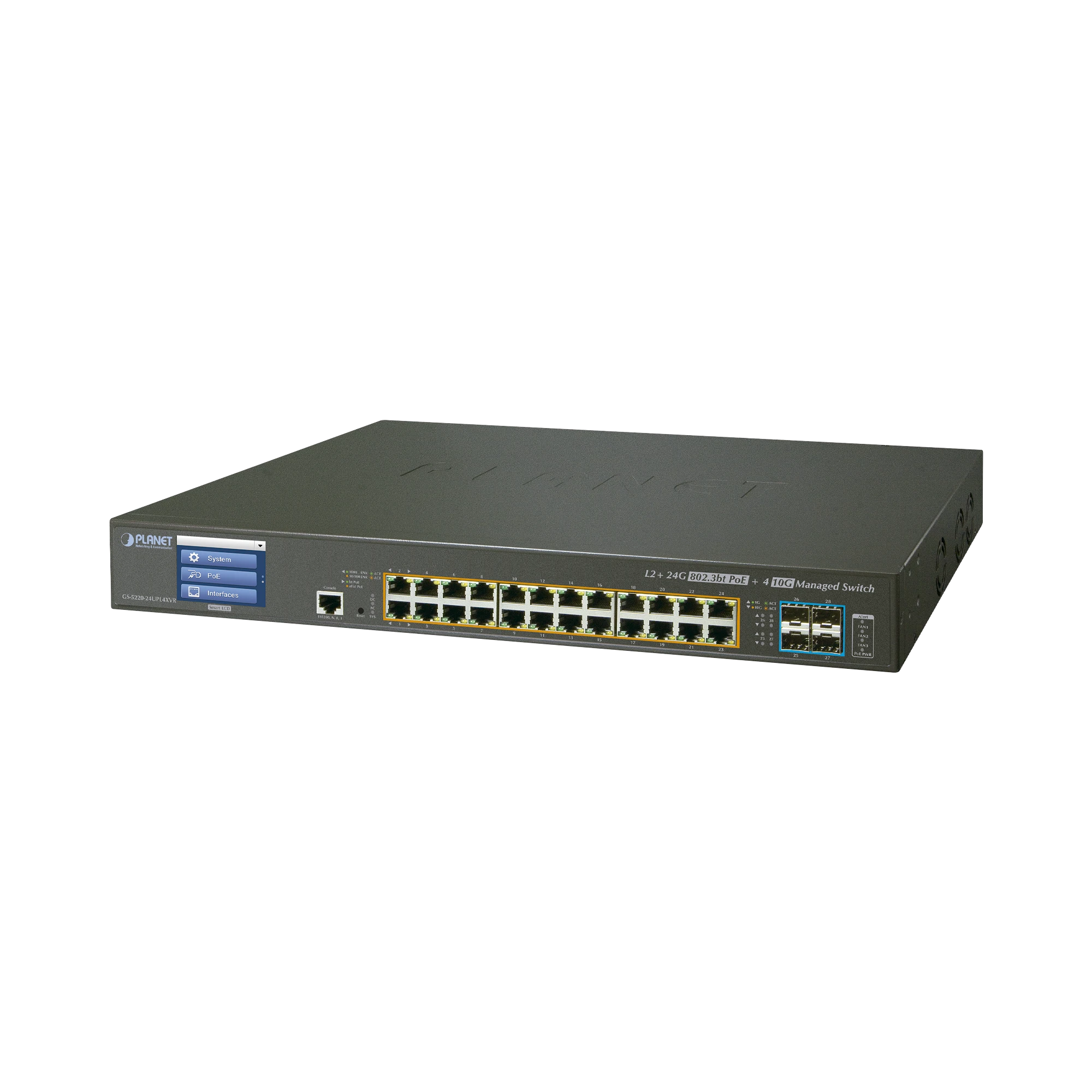 SWITCH ADMINISTRABLE L2+ 24 PUERTOS GIGABIT C/ ULTRA POE, 4 PUERTOS 10G SFP, C/DISPLAY, FUENTE REDUNDANTE (600W)-PoE de Largo Alcance-PLANET-Bsai Seguridad & Controles