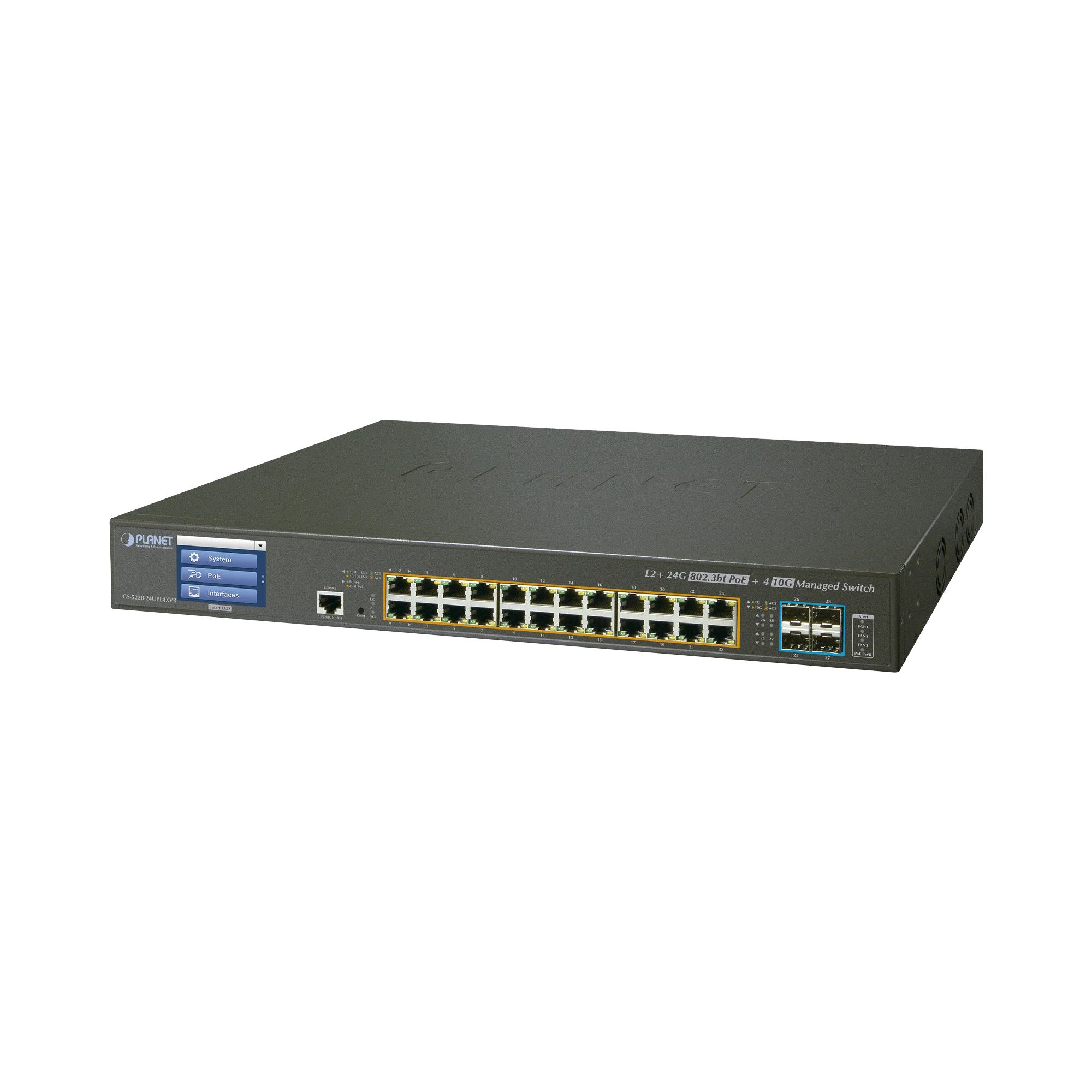 SWITCH ADMINISTRABLE L2+ 24 PUERTOS GIGABIT C/ ULTRA POE, 4 PUERTOS 10G SFP, C/DISPLAY, (600W)-PoE de Largo Alcance-PLANET-Bsai Seguridad & Controles