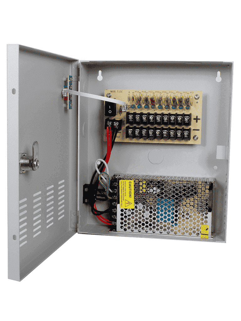 FUENTE DE PODER REGULADA 12V 10 AMP/DISTRIBUIDOR 9 CAMARAS-Fuentes con Distribuidor-SAXXON-Bsai Seguridad & Controles