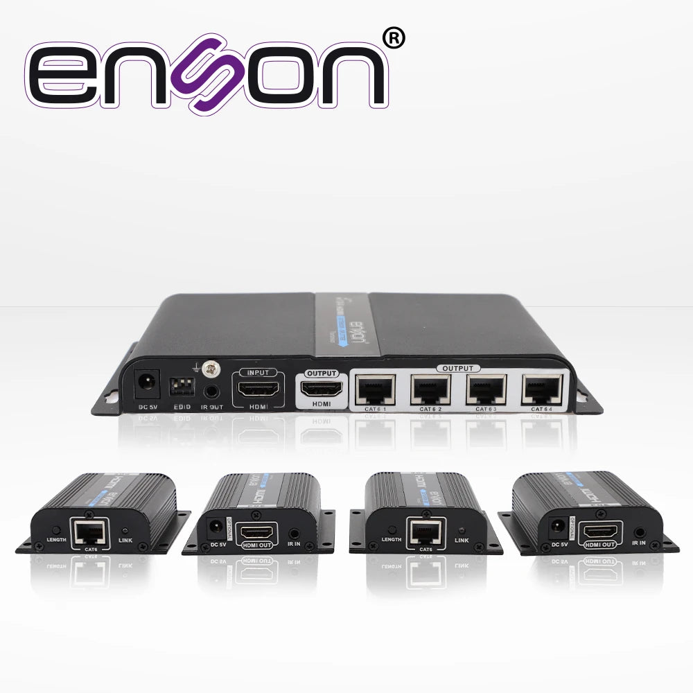 DISTRIBUIDOR EXTENSOR HDMI ENSON ENS-EX704 CON 4 EXTENSORES DE HASTA 40MTS CON CABLE 100% COBRE CAT6 A 1080P SALIDA HDMI LOCAL HDMI-LOOP Y CONTROL DE IR-Cableado-ENSON-Bsai Seguridad & Controles
