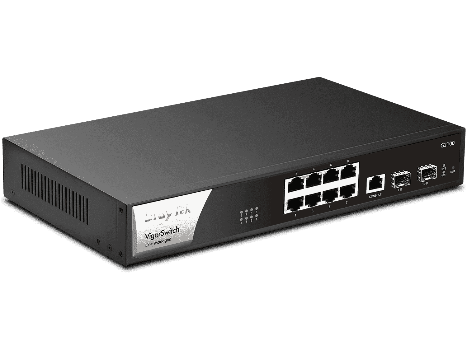 DRAYTEK VIGORSWITCH G2100-SWITCH GIGABIT DE 10 PUERTOS ADMINISTRABLE/8 PUERTOS 10/100/1000MBPS +2 SFP +1 PUERTO CONSOLA/CAPA 2/CON FUNCIONES DE CAPA 3 COMO: SERVIDOR DHCP Y ENRUTAMIENTO VLAN/INTERFACE WEB/PREVENCIÓN DE CONFLICTOS IP/-Switches-DRAYTEK-Bsai Seguridad & Controles