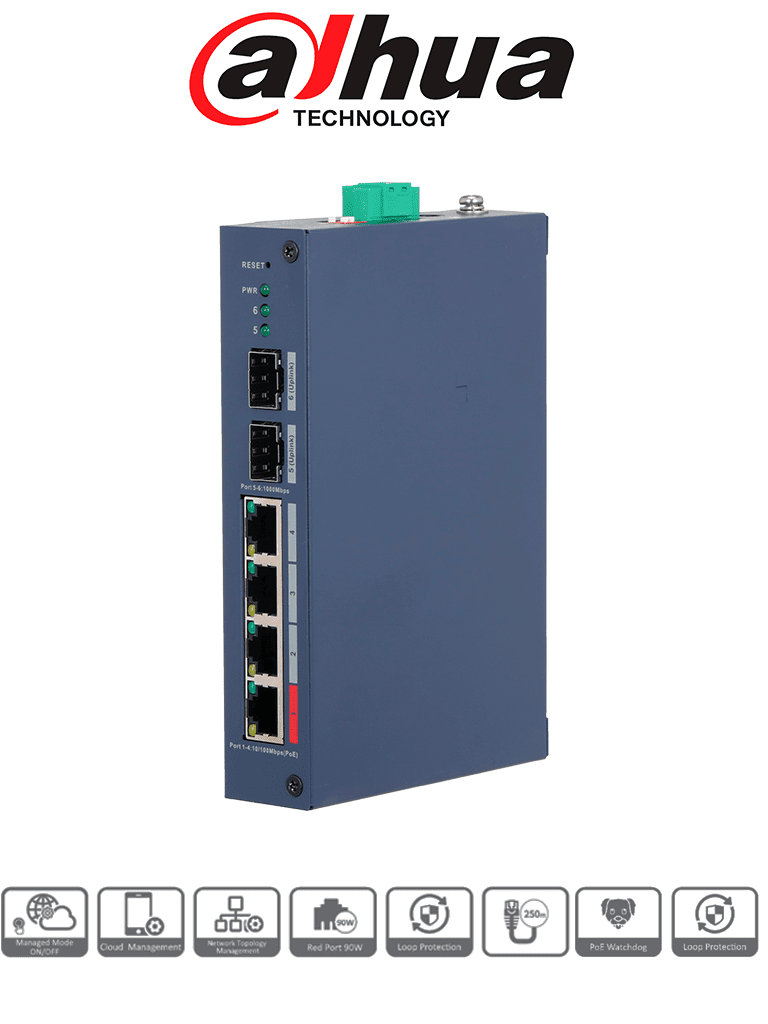 DAHUA DH-CHS4206-4ET-90 - SWITCH POE DE 6 PUERTOS SEMI INDUSTRIAL/ 4 PTOS DOWNLINK POE/ 2 PTOS UPLINK SFP GIGABIT/ HASTA