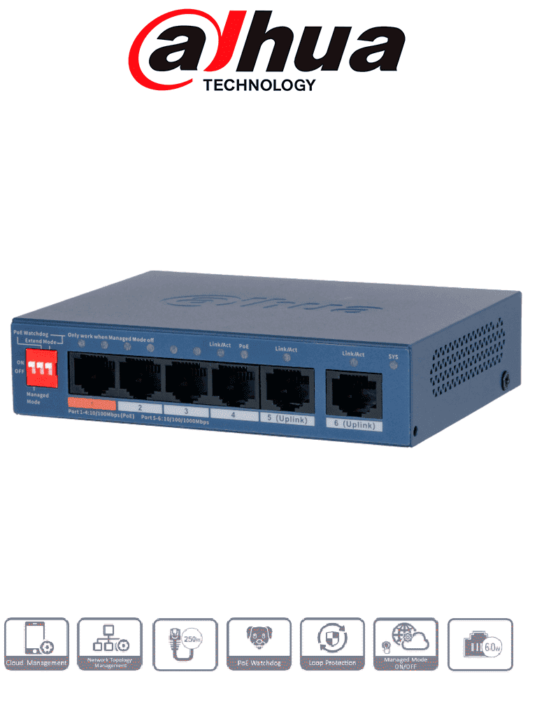 DAHUA DH-CS4006-4ET2GT-60 - SWITCH POE DE 6 PUERTOS ADMINISTRABLE/ 4 PUERTOS POE DOWNLINK 10 & 100/ 2 PUERTOS UPLINK GE/