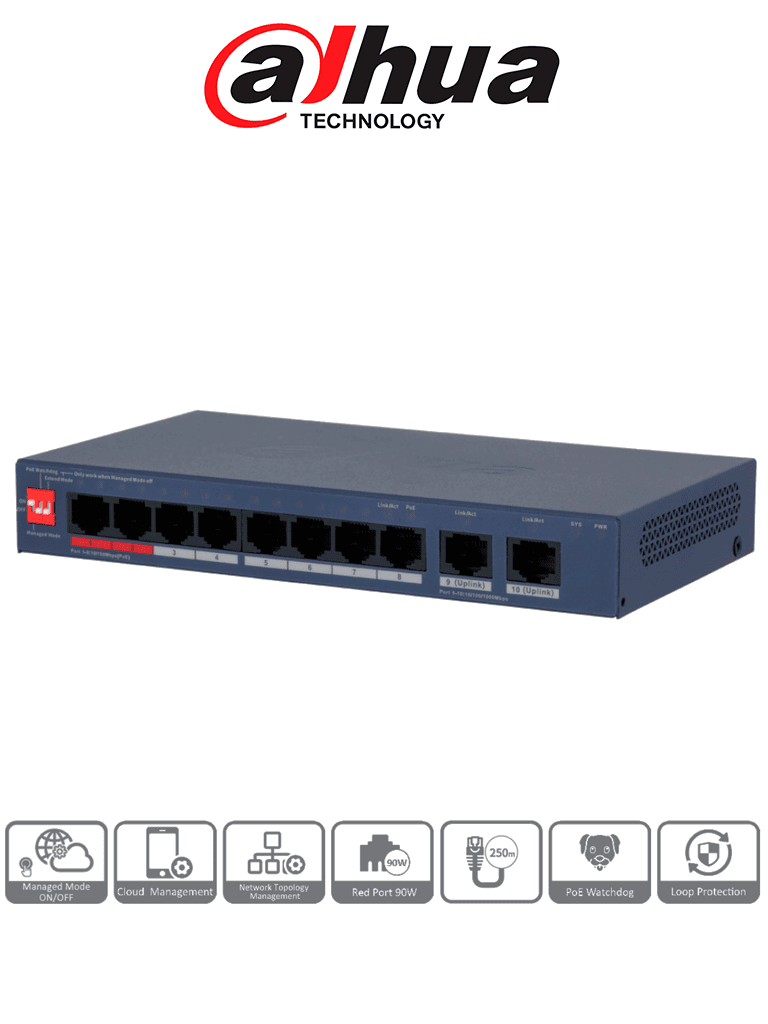 DAHUA DH-CS4010-8ET2GT-110 - SWITCH POE DE 10 PUERTOS/ 8 PUERTOS POE 10 & 100/ 2 PUERTOS UPLINK GE/ 2 PUERTOS POE CON SU