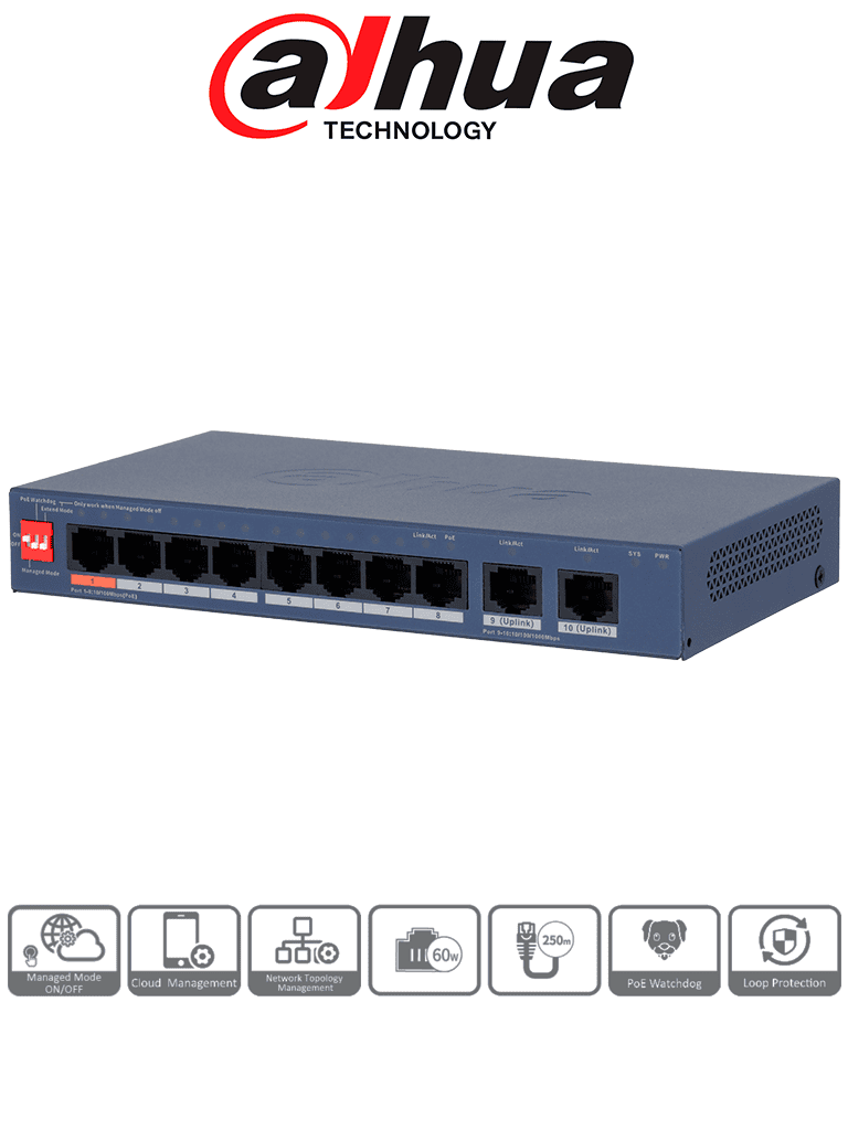DAHUA DH-CS4010-8ET2GT-60 - SWITCH POE DE 10 PUERTOS / 60WATTS TOTALES/ 1 PTO HASTA 60W/ 2 PUERTOS UPLINK GE RJ45/ SWITC