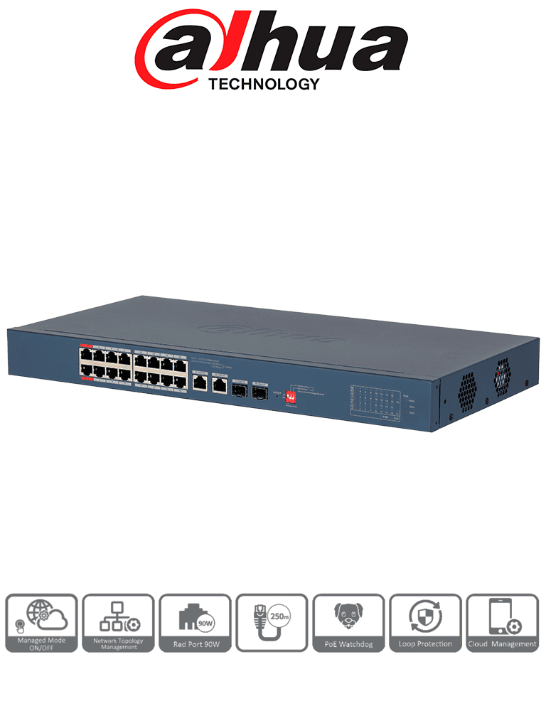 DAHUA DH-CS4218-16ET-240 - V2 - SWITCH POE ADMINISTRABLE DE 18 PUERTOS / 16 PUERTOS POE/ 240 WATTS TOTALES/ INTERFAZ WEB