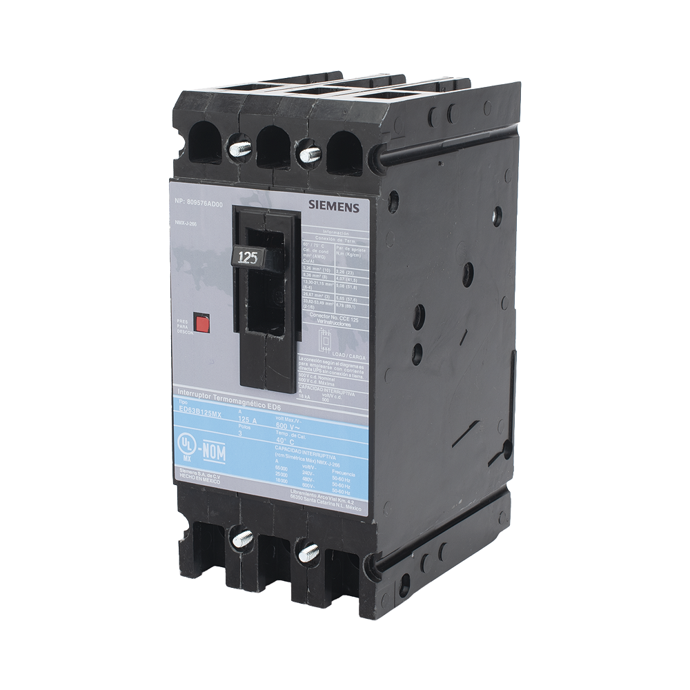 INTERRUPTOR TERMOMAGNÉTICO ED6 600V 3X125A, SIN ZAPATAS PRINCIPALES.-Área Eléctrica-SIEMENS-Bsai Seguridad & Controles