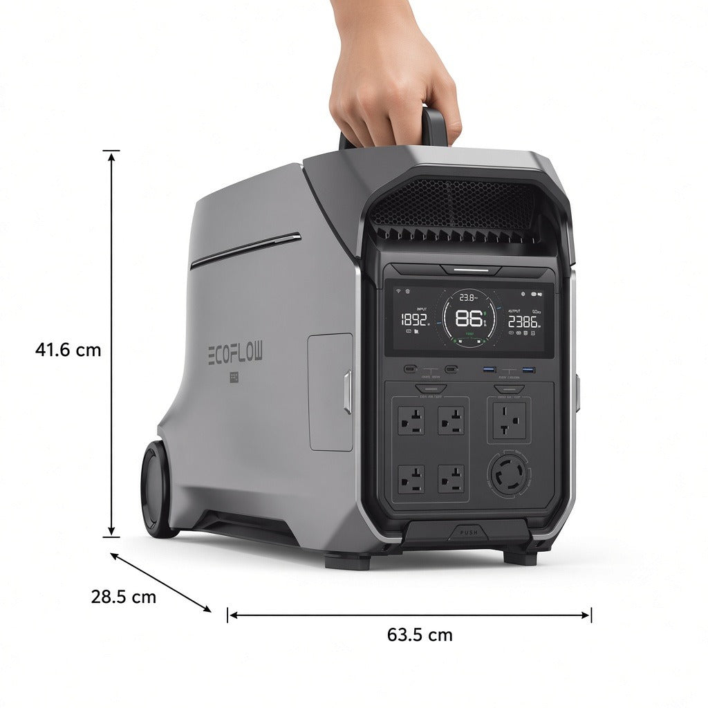 ESTACIÓN DE ENERGÍA PORTÁTIL / 3600 WH LFP / 5 SALIDAS AC 3600 W (7200 W PICO) / 2 USB-C 100 W / CARGA SOLAR 1600 W / WI-FI Y BLUETOOTH [EFD521] tamaño real
