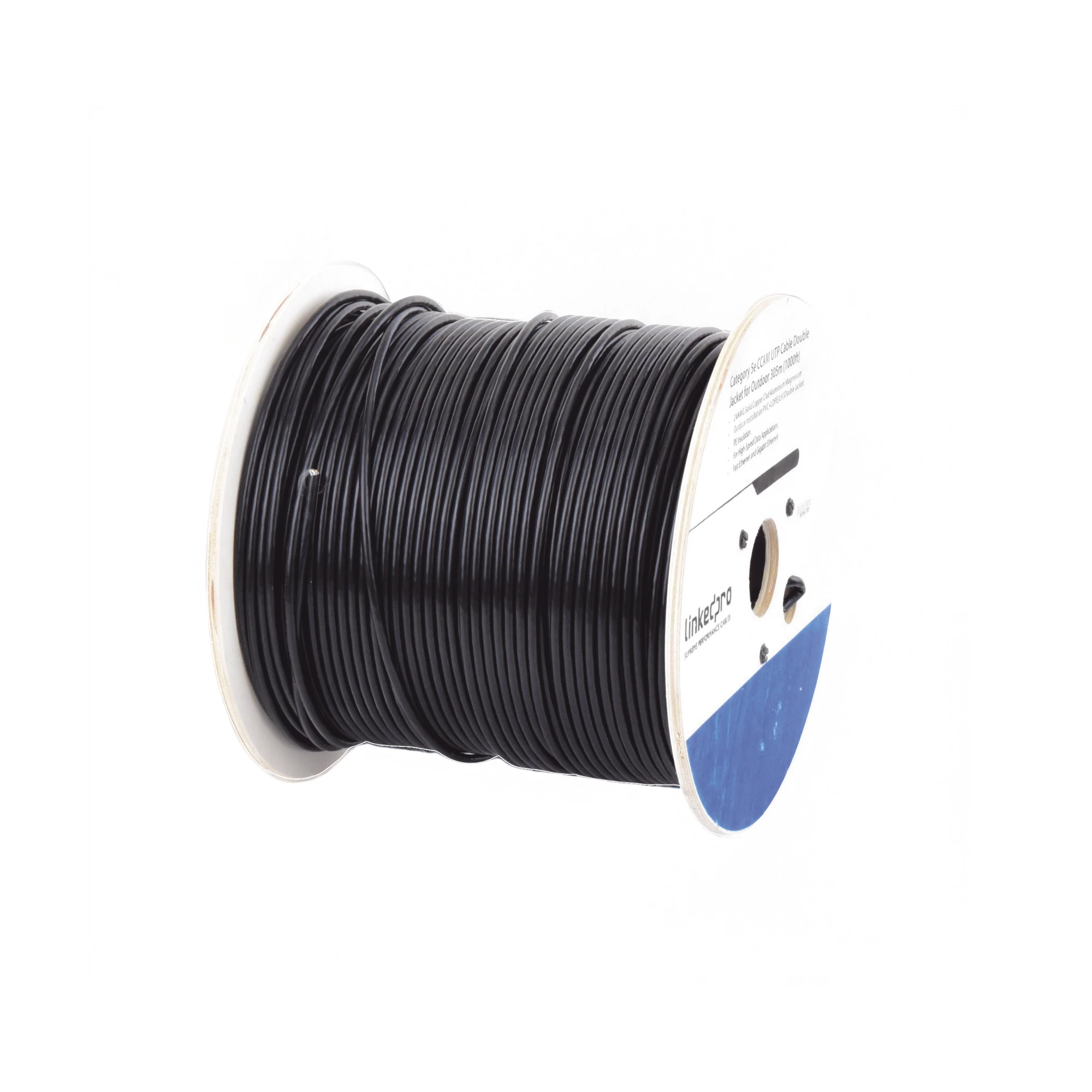 BOBINA DE CABLE DE 305 METROS (1000 PIES) CAT6, ALEACIÓN DE COBRE Y ALUMINIO (CCA), COLOR NEGRO, USO INTEMPERIE, DOBLE FORRO