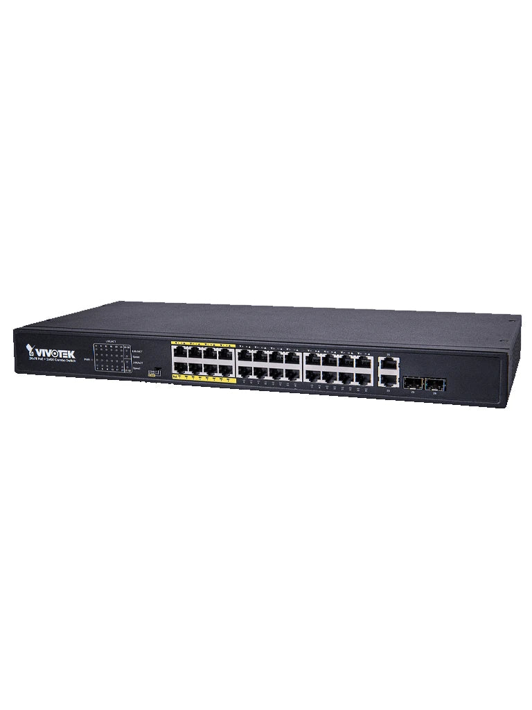 VIVOTEK AWFGT260D380 - SWITCH POE 24 PUERTOS FE/ 2 X GE COMBO/ NO ADMINISTRABLE/ 30W POR PUERTO/ 370W TOTALES/ EX MODE-Switches PoE-VIVOTEK-Bsai Seguridad & Controles