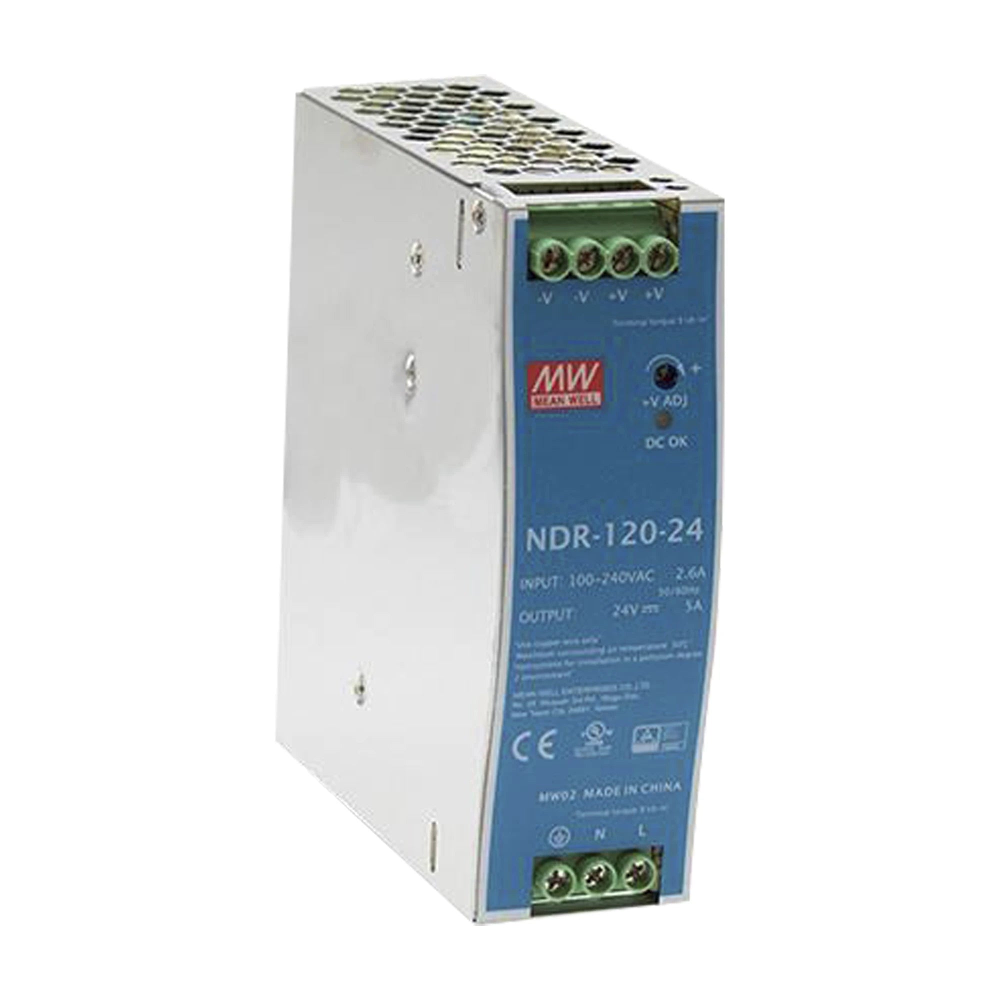 FUENTE DE PODER INDUSTRIAL DE 120 W, SALIDA 24 VCD, ENTRADA 90~264 VCA, PARA MONTAJE EN RIEL DIN,-Fuentes de Alimentación-MEANWELL-Bsai Seguridad & Controles