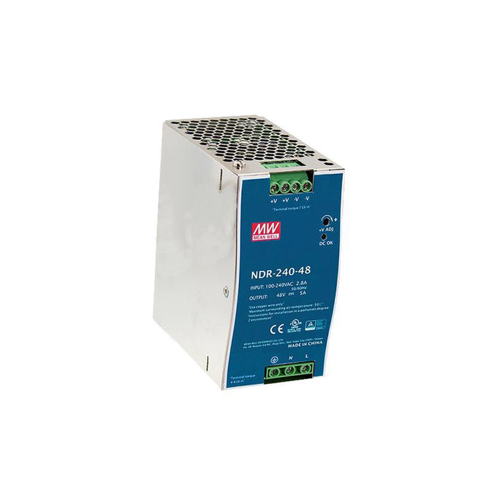 FUENTE DE PODER INDUSTRIAL DE 240W, SALIDA 48VCC, 5A, PARA MONTAJE RIEL DIN-Fuentes de Alimentación-MEANWELL-NDR24048-Bsai Seguridad & Controles