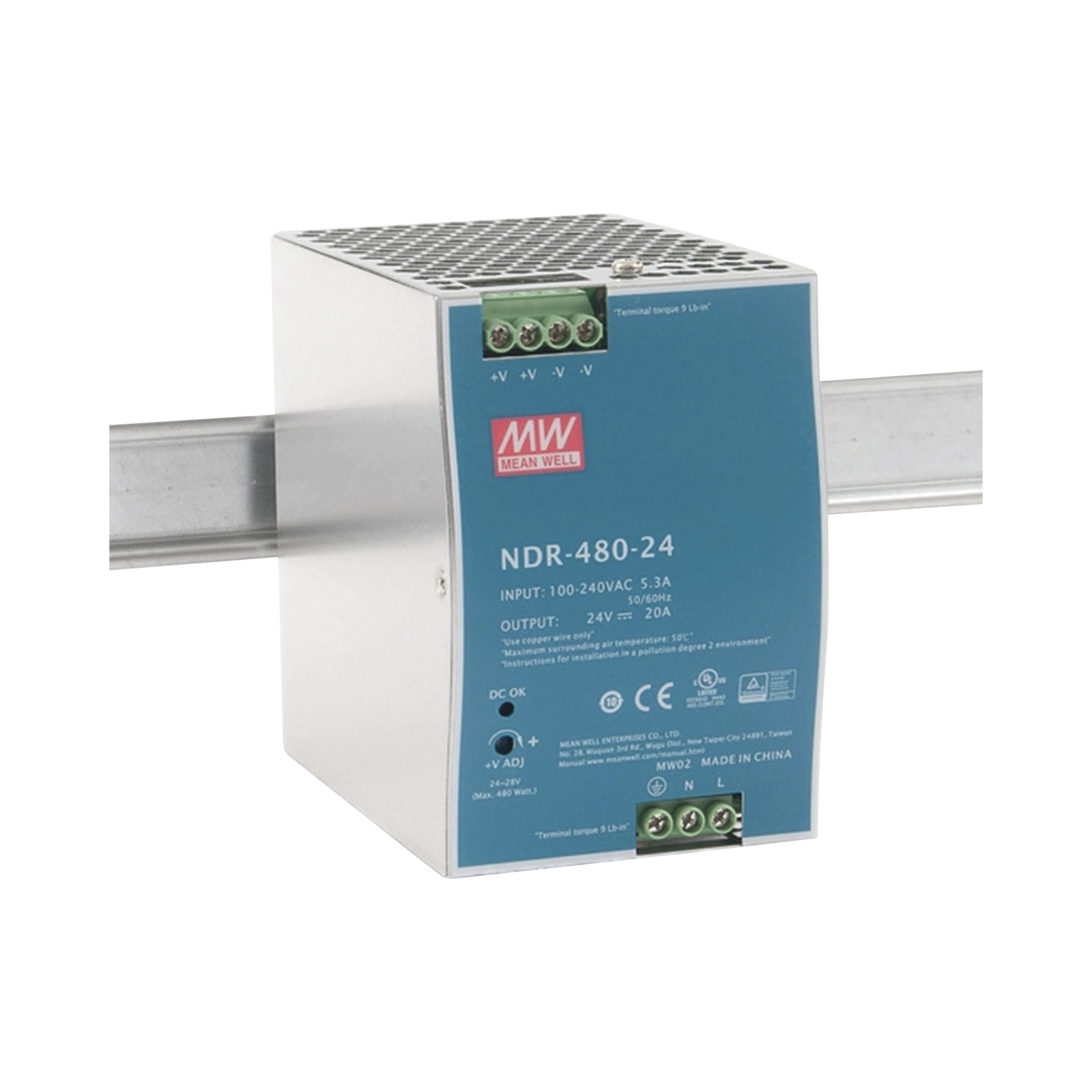 FUENTE DE PODER INDUSTRIAL DE 480W, SALIDA 24 VCD, PARA MONTAJE EN RIEL DIN-Fuentes de Alimentación-MEANWELL-Bsai Seguridad & Controles