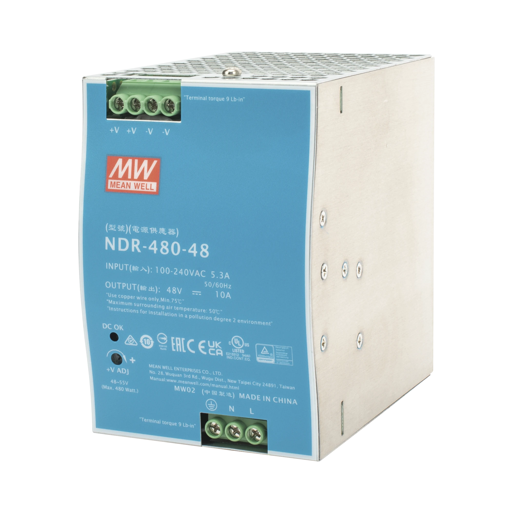 FUENTE DE PODER INDUSTRIAL DE 480W, SALIDA 48 VCD, PARA MONTAJE EN RIEL DIN-Fuentes de Alimentación-MEANWELL-Bsai Seguridad & Controles