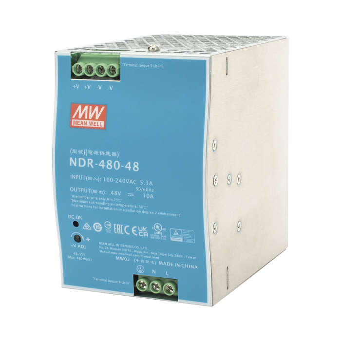 FUENTE DE PODER INDUSTRIAL DE 480W, SALIDA 48 VCD, PARA MONTAJE EN RIEL DIN-Fuentes de Alimentación-MEANWELL-NDR-480-48-Bsai Seguridad & Controles