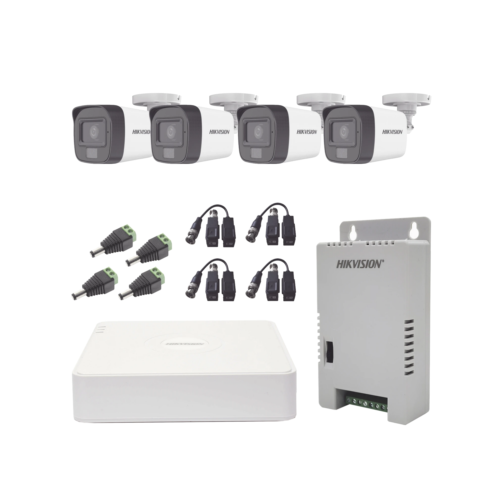 KIT TURBOHD 1080P / DVR 4 CANALES / 4 CÁMARAS CON MICRÓFONO INTEGRADO Y 101° VISIÓN / LUZ BLANCA + IR VISIÓN NOCTURNA / TRANSCEPTORES / CONECTORES / FUENTE DE PODER PROFESIONAL COMPACTA-Kits- Sistemas Completos-HIKVISION-Bsai Seguridad & Controles