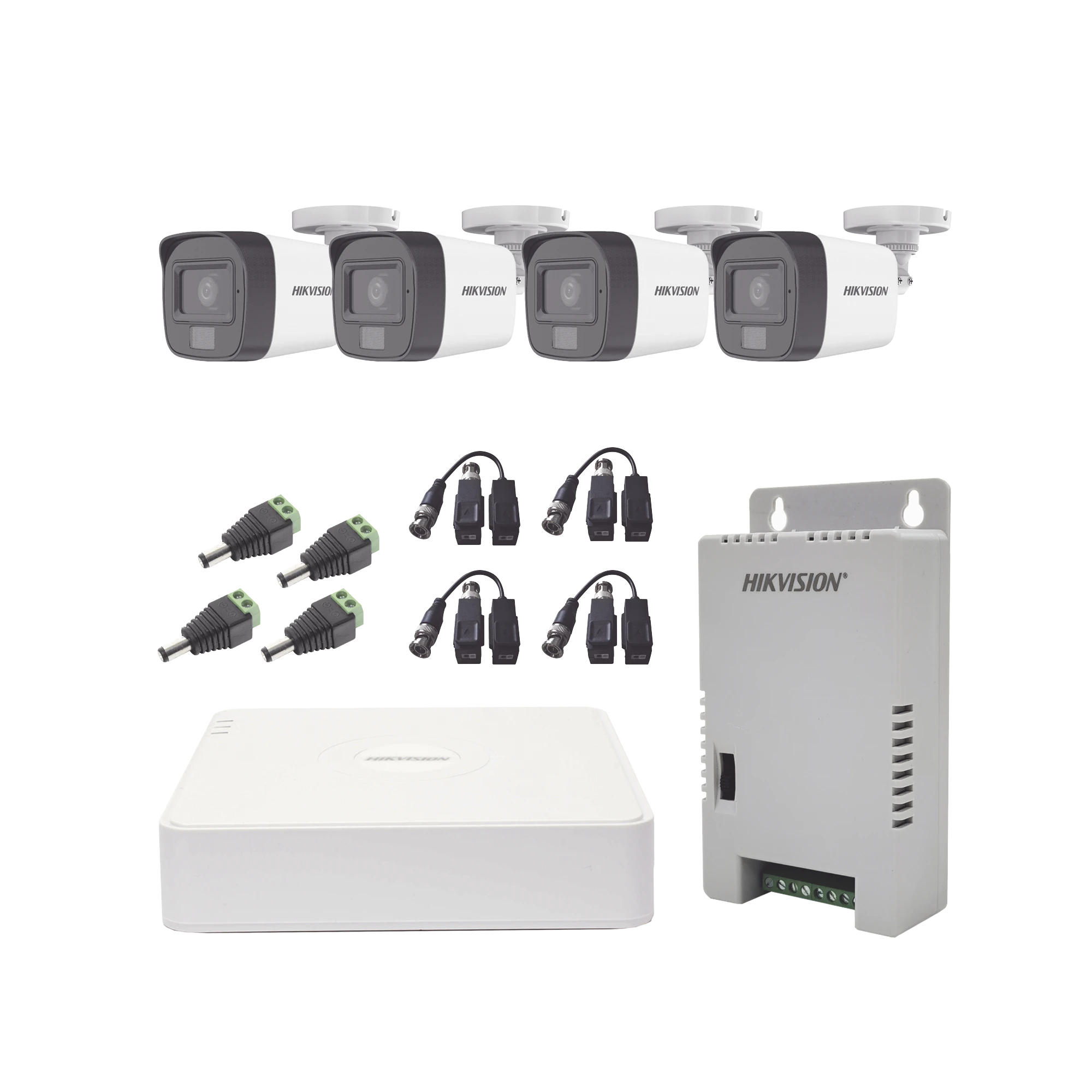 KIT TURBOHD 1080P / DVR 4 CANALES / 4 CÁMARAS CON MICRÓFONO INTEGRADO Y 101° VISIÓN / LUZ BLANCA + IR VISIÓN NOCTURNA / TRANSCEPTORES / CONECTORES / FUENTE DE PODER PROFESIONAL COMPACTA-Kits- Sistemas Completos-HIKVISION-Bsai Seguridad & Controles