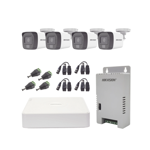 KIT TURBOHD 1080P / DVR 4 CANALES / 4 CÁMARAS CON MICRÓFONO INTEGRADO Y 101° VISIÓN / LUZ BLANCA + IR VISIÓN NOCTURNA / TRANSCEPTORES / CONECTORES / FUENTE DE PODER PROFESIONAL COMPACTA-Kits- Sistemas Completos-HIKVISION-KH1080P4BSFH-Bsai Seguridad & Controles