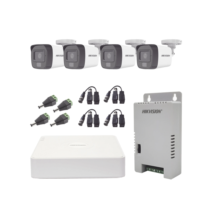 KIT TURBOHD 1080P / DVR 4 CANALES / 4 CÁMARAS CON MICRÓFONO INTEGRADO Y 101° VISIÓN / LUZ BLANCA + IR VISIÓN NOCTURNA / TRANSCEPTORES / CONECTORES / FUENTE DE PODER PROFESIONAL COMPACTA-Kits- Sistemas Completos-HIKVISION-KH1080P4BSFH-Bsai Seguridad & Controles