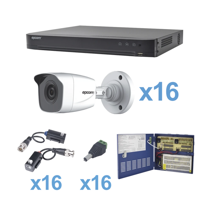 KIT TURBOHD 1080P / DVR 16 CANALES / 16 CÁMARAS BALA (EXTERIOR 2.8 MM) / TRANSCEPTORES / CONECTORES / FUENTE DE PODER PROFESIONAL-Kits Cámaras de Seguridad-EPCOM-KEVTX8T16BW-Bsai Seguridad & Controles