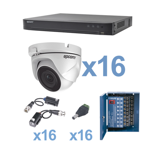 KIT TURBOHD 1080P / DVR 16 CANALES / 16 CÁMARAS EYEBALL (EXTERIOR 2.8 MM) 103° VISIÓN / TRANSCEPTORES / CONECTORES / FUENTE DE PODER PROFESIONAL-Kits Cámaras de Seguridad-EPCOM-KEVTX8T16EW-Bsai Seguridad & Controles