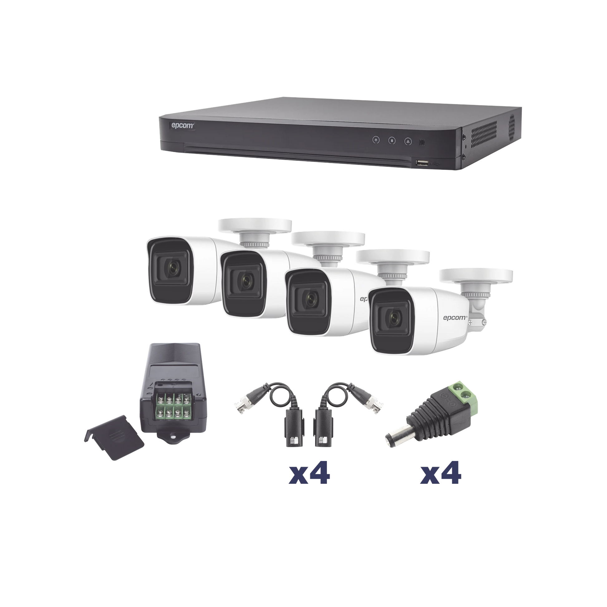 KIT TURBOHD 1080P / DVR 4 CANALES / 4 CÁMARAS BALA POLICARBONATO CON AUDIO INTEGRADO (EXTERIOR 2.8 MM) / TRANSCEPTORES / CONECTORES / FUENTE DE PODER PROFESIONAL-Kits Sistemas Completos-EPCOM PROFESSIONAL-Bsai Seguridad & Controles