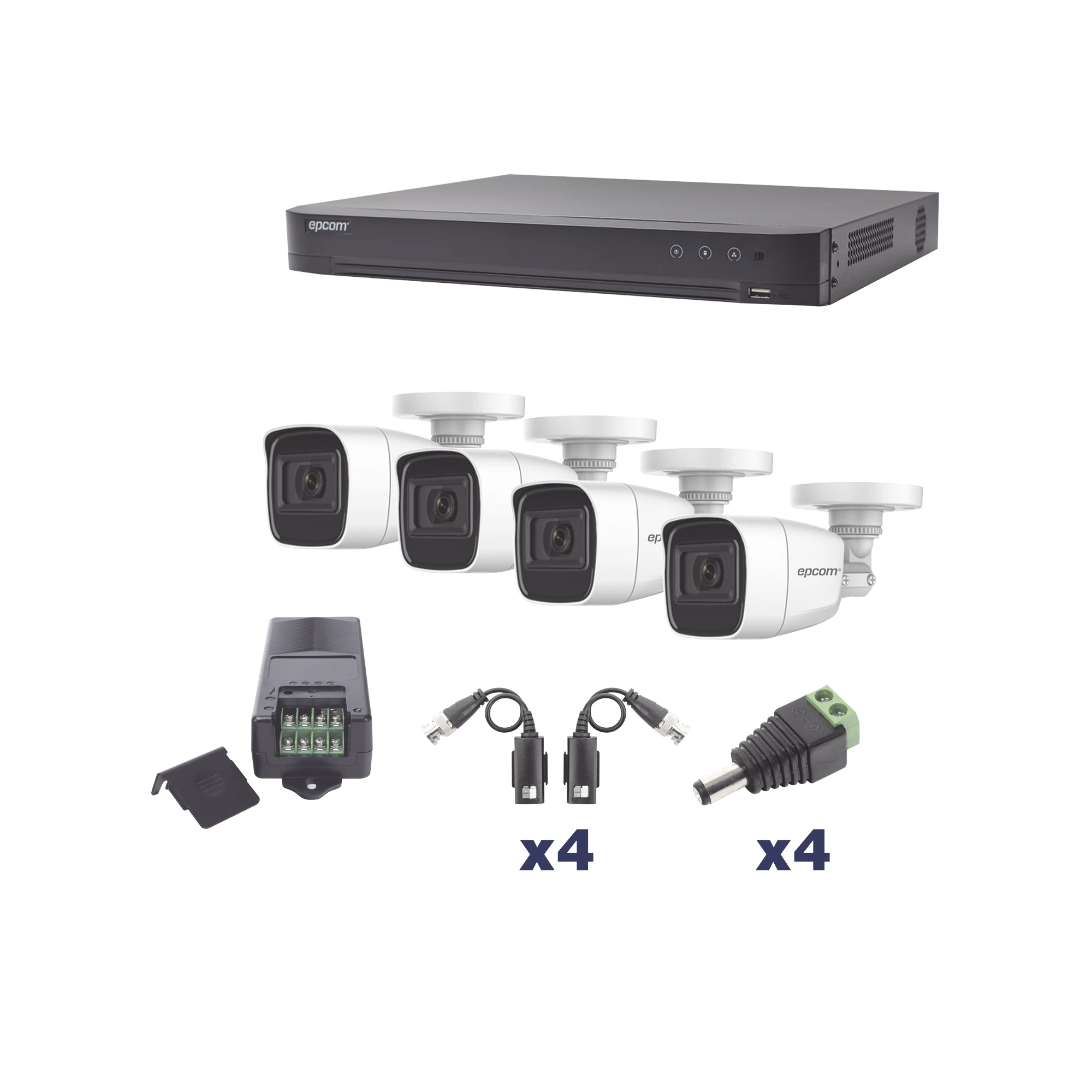 KIT TURBOHD 1080P / DVR 4 CANALES / 4 CÁMARAS BALA POLICARBONATO CON AUDIO INTEGRADO (EXTERIOR 2.8 MM) / TRANSCEPTORES / CONECTORES / FUENTE DE PODER PROFESIONAL-Kits Sistemas Completos-EPCOM PROFESSIONAL-Bsai Seguridad & Controles