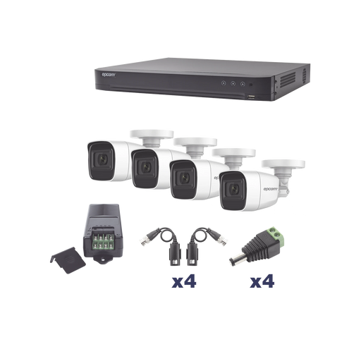 KIT TURBOHD 1080P / DVR 4 CANALES / 4 CÁMARAS BALA POLICARBONATO CON AUDIO INTEGRADO (EXTERIOR 2.8 MM) / TRANSCEPTORES / CONECTORES / FUENTE DE PODER PROFESIONAL-Kits Sistemas Completos-EPCOM-KEVTX8T4BW/A-Bsai Seguridad & Controles