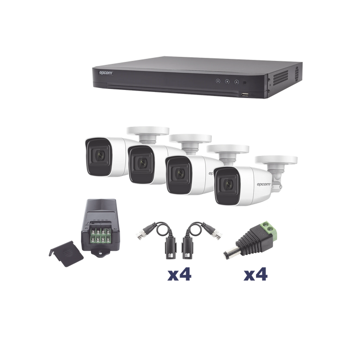 KIT TURBOHD 1080P / DVR 4 CANALES / 4 CÁMARAS BALA POLICARBONATO CON AUDIO INTEGRADO (EXTERIOR 2.8 MM) / TRANSCEPTORES / CONECTORES / FUENTE DE PODER PROFESIONAL-Kits Sistemas Completos-EPCOM-KEVTX8T4BW/A-Bsai Seguridad & Controles