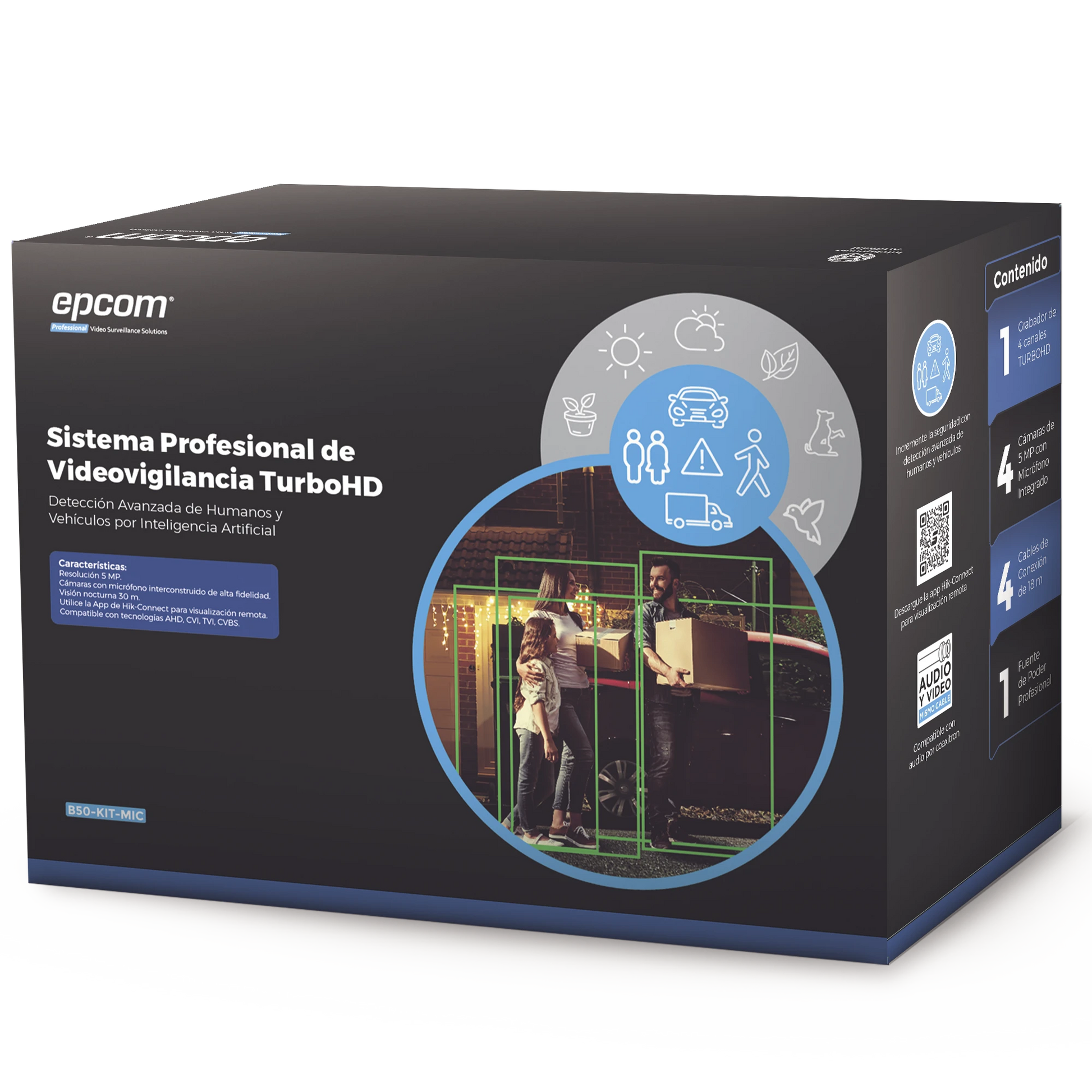 KIT TURBOHD 5 MEGAPIXEL / DVR 4 CANALES / 4 CÁMARAS DE 5 MEGAPIXEL CON MICRÓFONO INTEGRADO / 4 CABLES 18 METROS / FUENTE DE PODER PROFESIONAL-Kits Sistemas Completos-EPCOM PROFESSIONAL-Bsai Seguridad & Controles