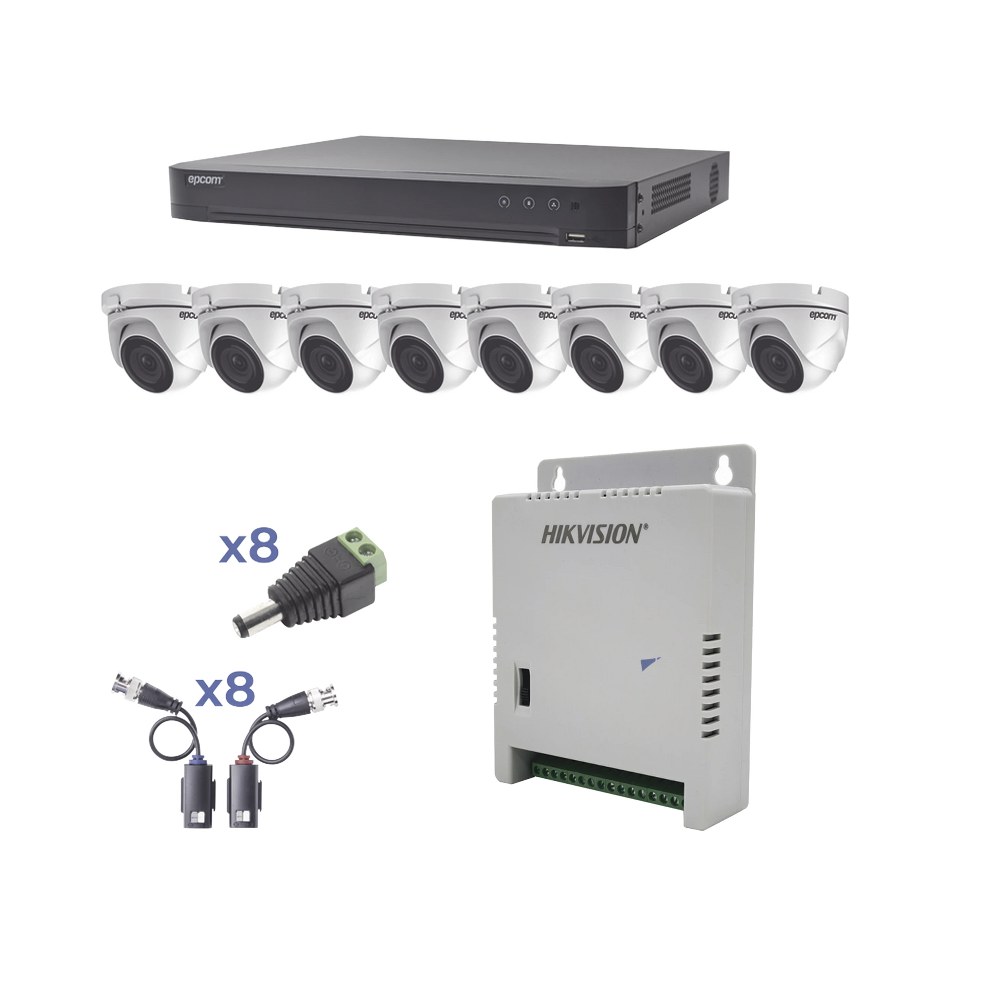 KIT TURBOHD 1080P / DVR 8 CANALES / 8 CÁMARAS EYEBALL (EXTERIOR 2.8 MM) / TRANSCEPTORES / CONECTORES / FUENTE DE PODER PROFESIONAL HASTA 15 VCC PARA LARGA DISTANCIA-Kits- Sistemas Completos-EPCOM PROFESSIONAL-Bsai Seguridad & Controles