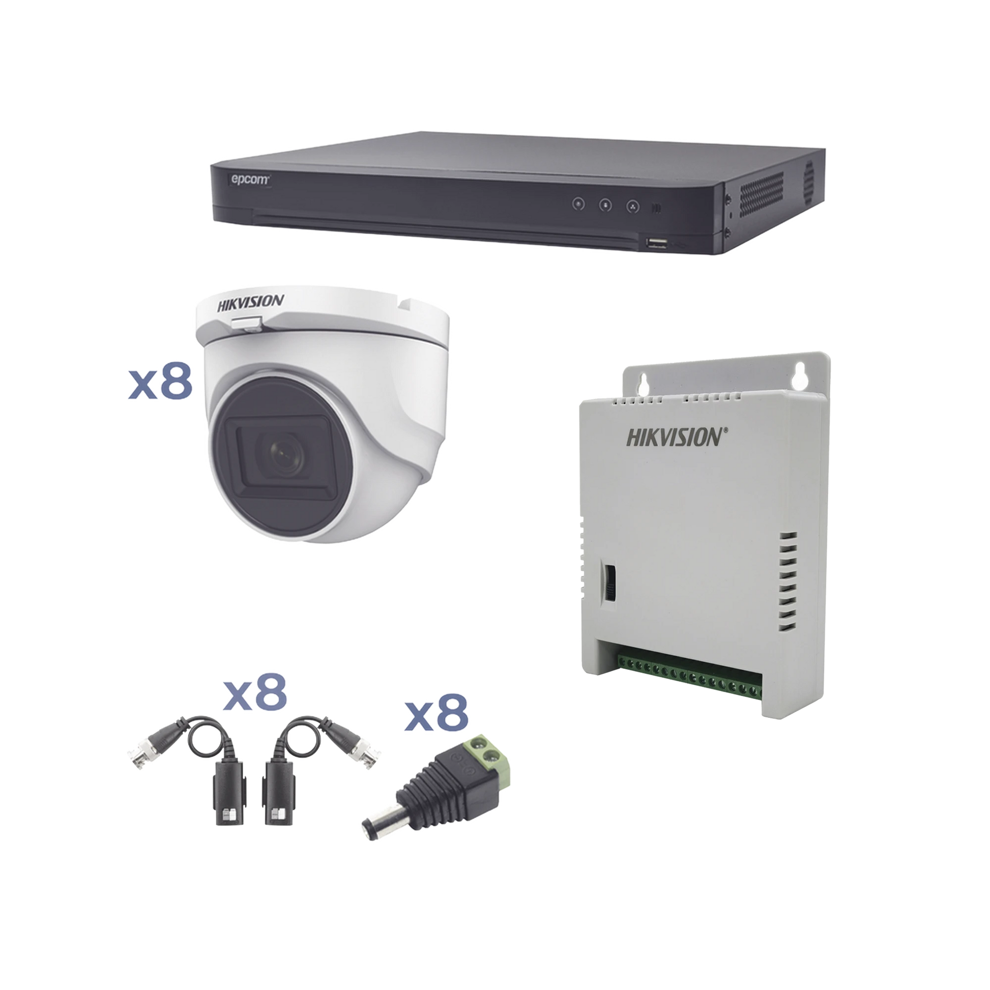 KIT TURBOHD 1080P / DVR 8 CANALES / 8 CÁMARAS TURRET (EXTERIOR 2.8 MM) / CONECTORES / TRANSCEPTORES / FUENTE DE PODER PROFESIONAL HASTA 15 VCC PARA LARGA DISTANCIA-Kits- Sistemas Completos-HIKVISION-Bsai Seguridad & Controles