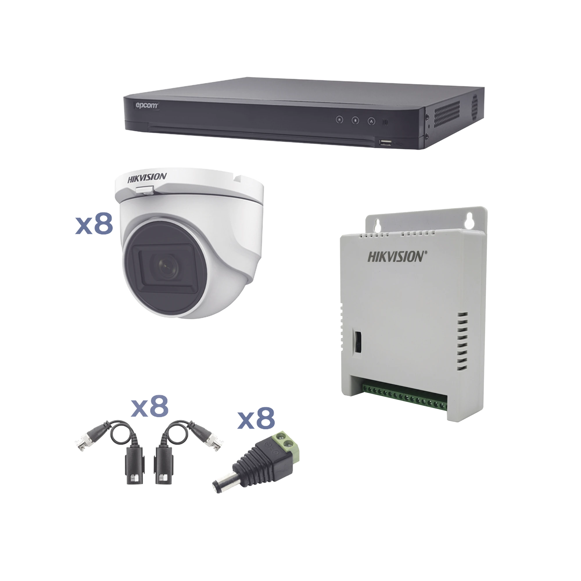 KIT TURBOHD 1080P / DVR 8 CANALES / 8 CÁMARAS TURRET (EXTERIOR 2.8 MM) / CONECTORES / TRANSCEPTORES / FUENTE DE PODER PROFESIONAL HASTA 15 VCC PARA LARGA DISTANCIA-Kits- Sistemas Completos-HIKVISION-Bsai Seguridad & Controles