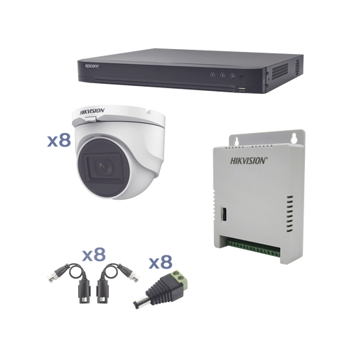 KIT TURBOHD 1080P / DVR 8 CANALES / 8 CÁMARAS TURRET (EXTERIOR 2.8 MM) / CONECTORES / TRANSCEPTORES / FUENTE DE PODER PROFESIONAL HASTA 15 VCC PARA LARGA DISTANCIA-Kits- Sistemas Completos-HIKVISION-KH1080P8DW-Bsai Seguridad & Controles