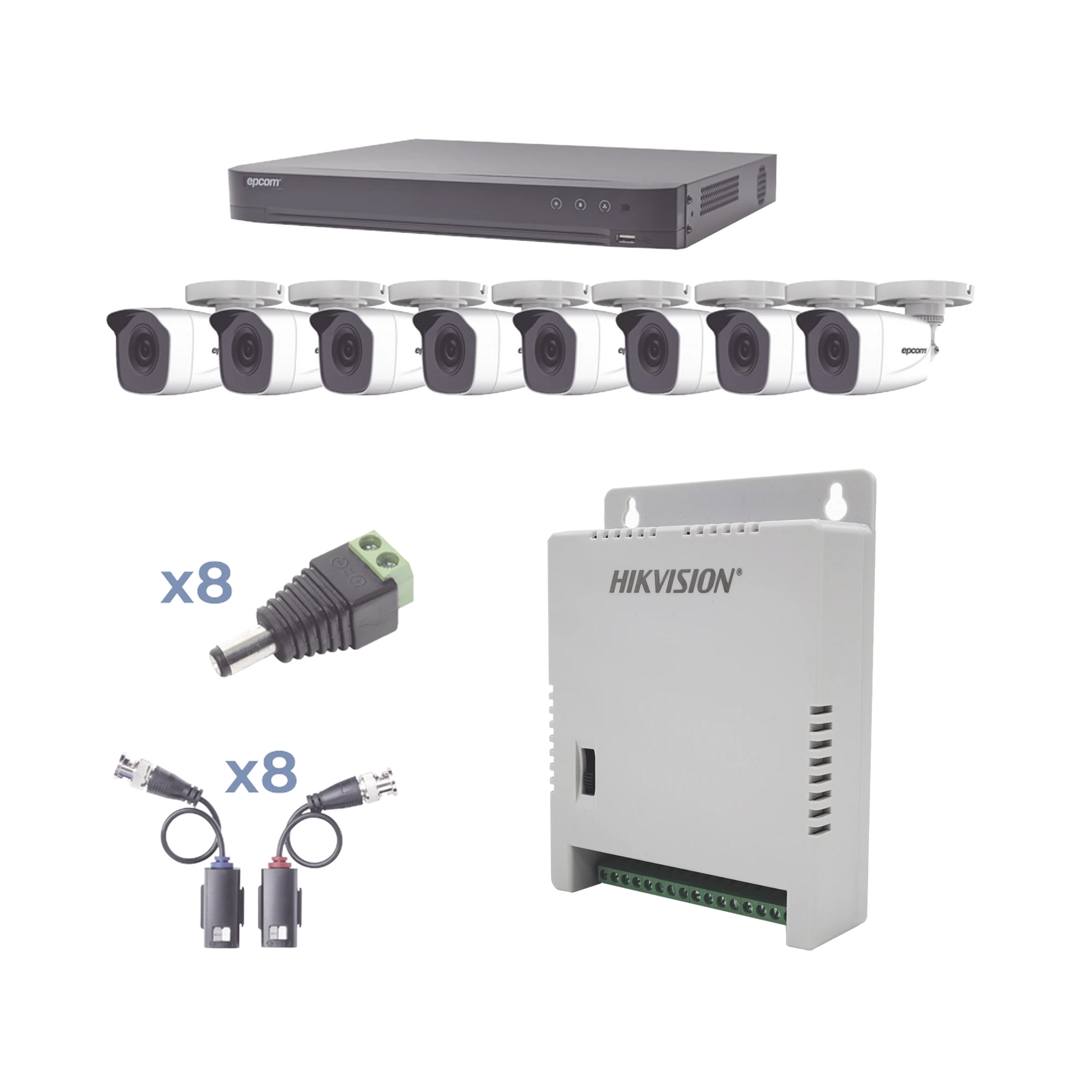 KIT TURBOHD 1080P / DVR 8 CANALES / 8 CÁMARAS BALA (EXTERIOR 2.8 MM) / TRANSCEPTORES / CONECTORES / FUENTE DE PODER PROFESIONAL HASTA 15 VCC PARA LARGA DISTANCIAS-Kits- Sistemas Completos-EPCOM PROFESSIONAL-Bsai Seguridad & Controles