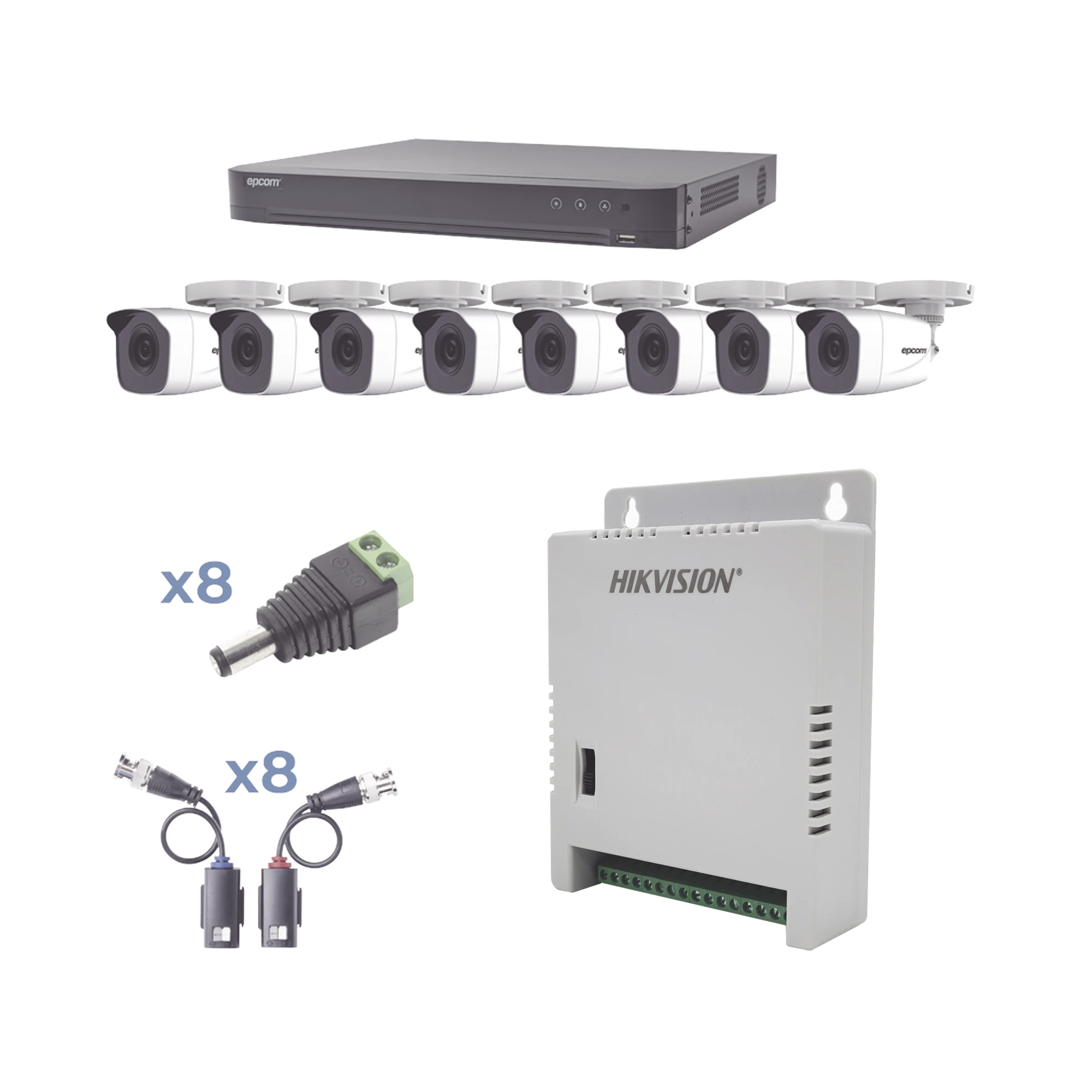 KIT TURBOHD 1080P / DVR 8 CANALES / 8 CÁMARAS BALA (EXTERIOR 2.8 MM) / TRANSCEPTORES / CONECTORES / FUENTE DE PODER PROFESIONAL HASTA 15 VCC PARA LARGA DISTANCIAS-Kits- Sistemas Completos-EPCOM PROFESSIONAL-Bsai Seguridad & Controles
