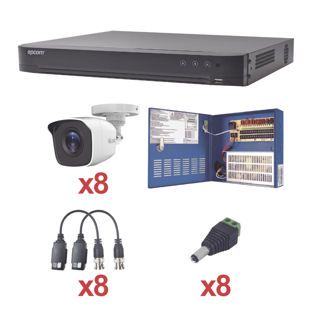 KIT TURBOHD 1080P / DVR 8 CANALES / 8 CÁMARAS BALA (EXTERIOR 2.8 MM) / TRANSCEPTORES / CONECTORES / FUENTE DE PODER PROFESIONAL HASTA 15 VCD PARA LARGA DISTANCIA-Kits Cámaras de Seguridad-HIKVISION-Bsai Seguridad & Controles