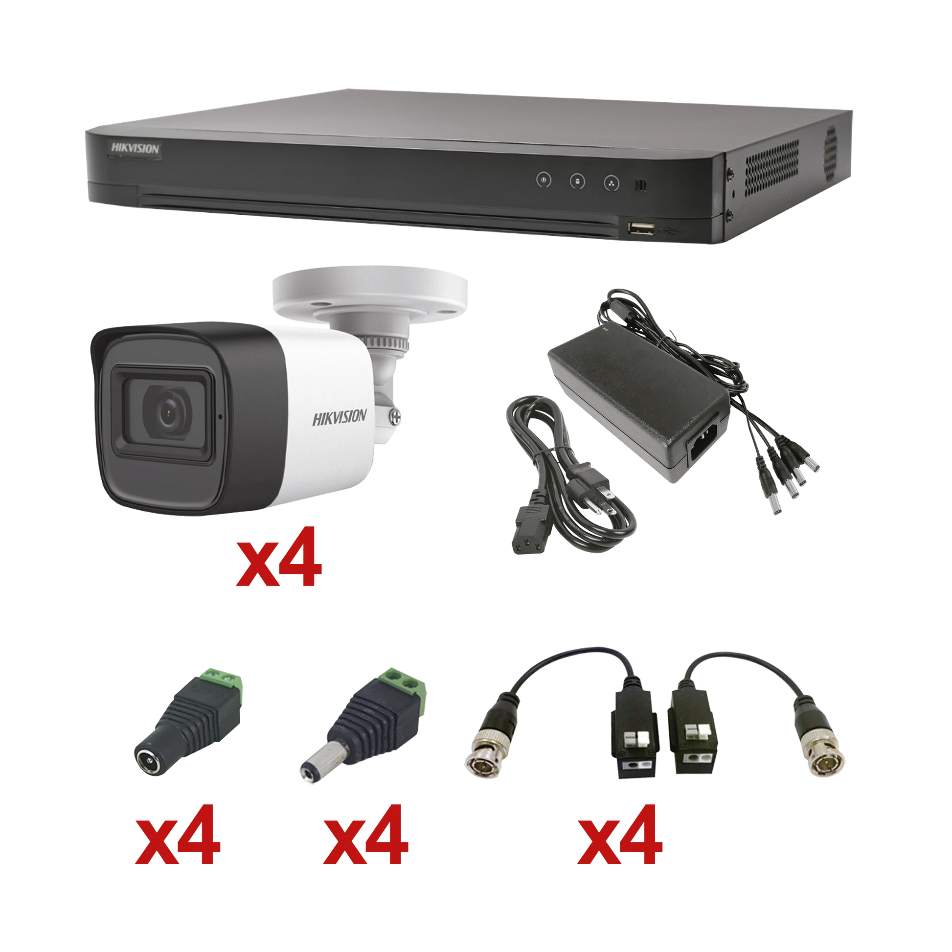 KIT TURBOHD 1080P / DVR 4 CANALES / 4 CÁMARAS BALA (EXTERIOR 2.8 MM) / TRANSCEPTORES / CONECTORES / FUENTE DE PODER PROFESIONAL-Kits Cámaras de Seguridad-HIKVISION-Bsai Seguridad & Controles