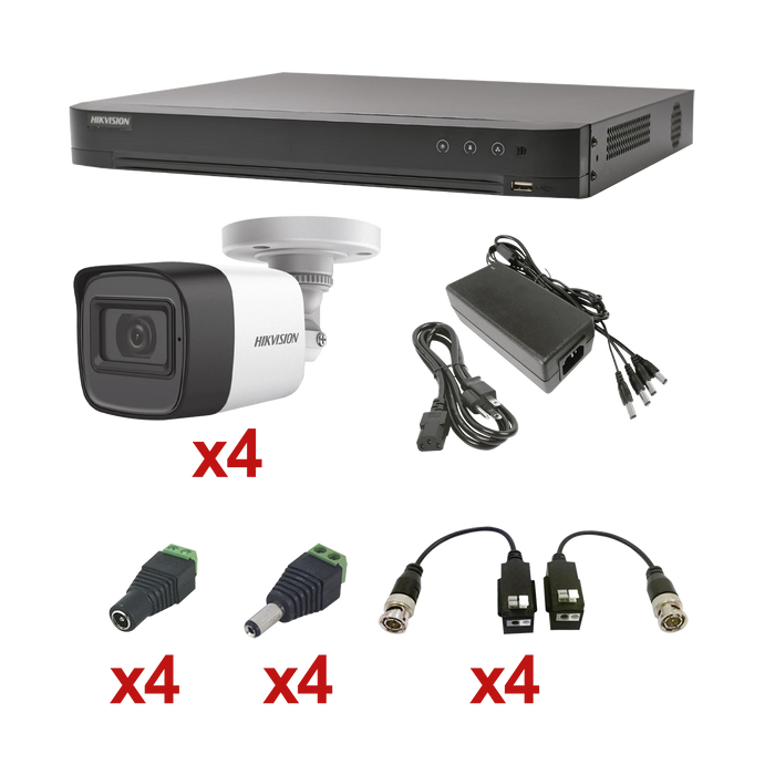 KIT TURBOHD 1080P / DVR 4 CANALES / 4 CÁMARAS BALA (EXTERIOR 2.8 MM) / TRANSCEPTORES / CONECTORES / FUENTE DE PODER PROFESIONAL-Kits Cámaras de Seguridad-HIKVISION-KH1080P4BW-Bsai Seguridad & Controles