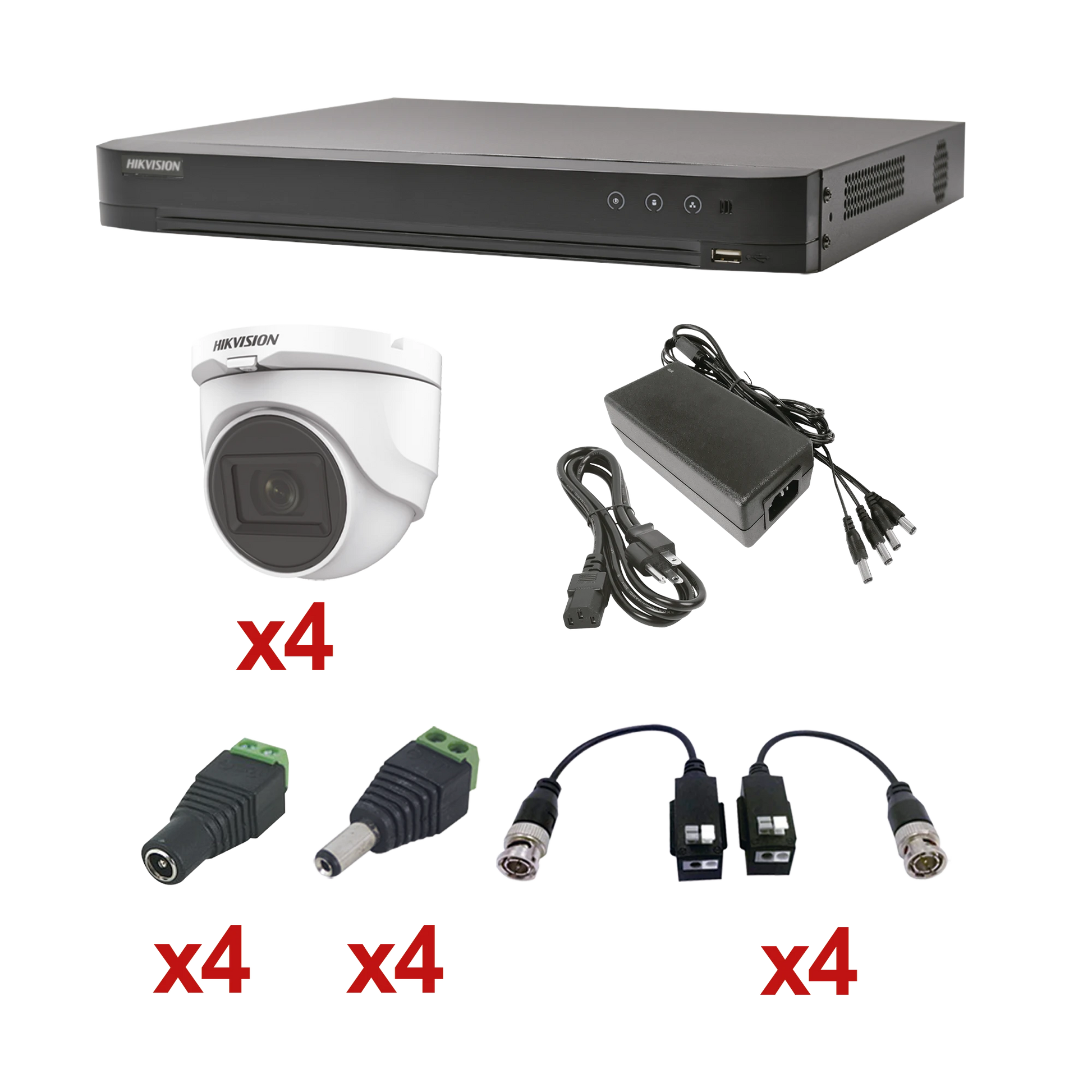 KIT TURBOHD 1080P / DVR 4 CANALES / 4 CÁMARAS DOMO (INTERIOR 2.8 MM) / TRANSCEPTORES / CONECTORES / FUENTE DE PODER PROFESIONAL-Kits Cámaras de Seguridad-HIKVISION-Bsai Seguridad & Controles