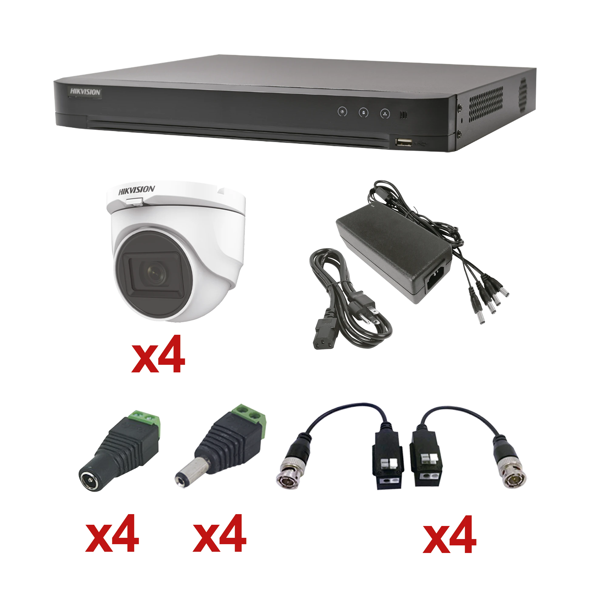 KIT TURBOHD 1080P / DVR 4 CANALES / 4 CÁMARAS DOMO (INTERIOR 2.8 MM) / TRANSCEPTORES / CONECTORES / FUENTE DE PODER PROFESIONAL-Kits Cámaras de Seguridad-HIKVISION-Bsai Seguridad & Controles