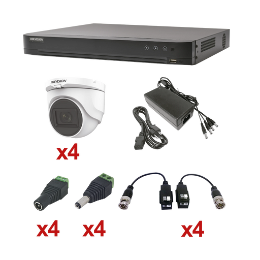 KIT TURBOHD 1080P / DVR 4 CANALES / 4 CÁMARAS DOMO (INTERIOR 2.8 MM) / TRANSCEPTORES / CONECTORES / FUENTE DE PODER PROFESIONAL-Kits Cámaras de Seguridad-HIKVISION-KH1080P4DW-Bsai Seguridad & Controles