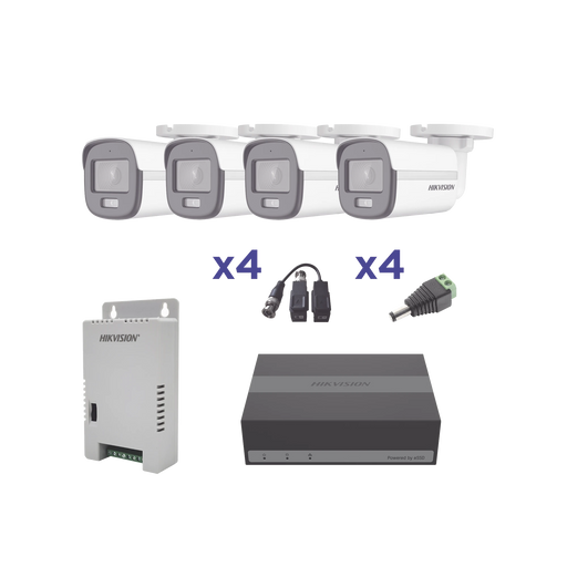 KIT COLORVU TURBOHD 1080P LITE / DVR 4 CANALES CON ALMACENAMIENTO 300GB(ESSD) / 4 CÁMARAS BALA COLORVU CON MICRÓFONO/ TRANSCEPTORES / CONECTORES / FUENTE DE PODER PROFESIONAL-Kits- Sistemas Completos-HIKVISION-EKH1080PL4BC-Bsai Seguridad & Controles