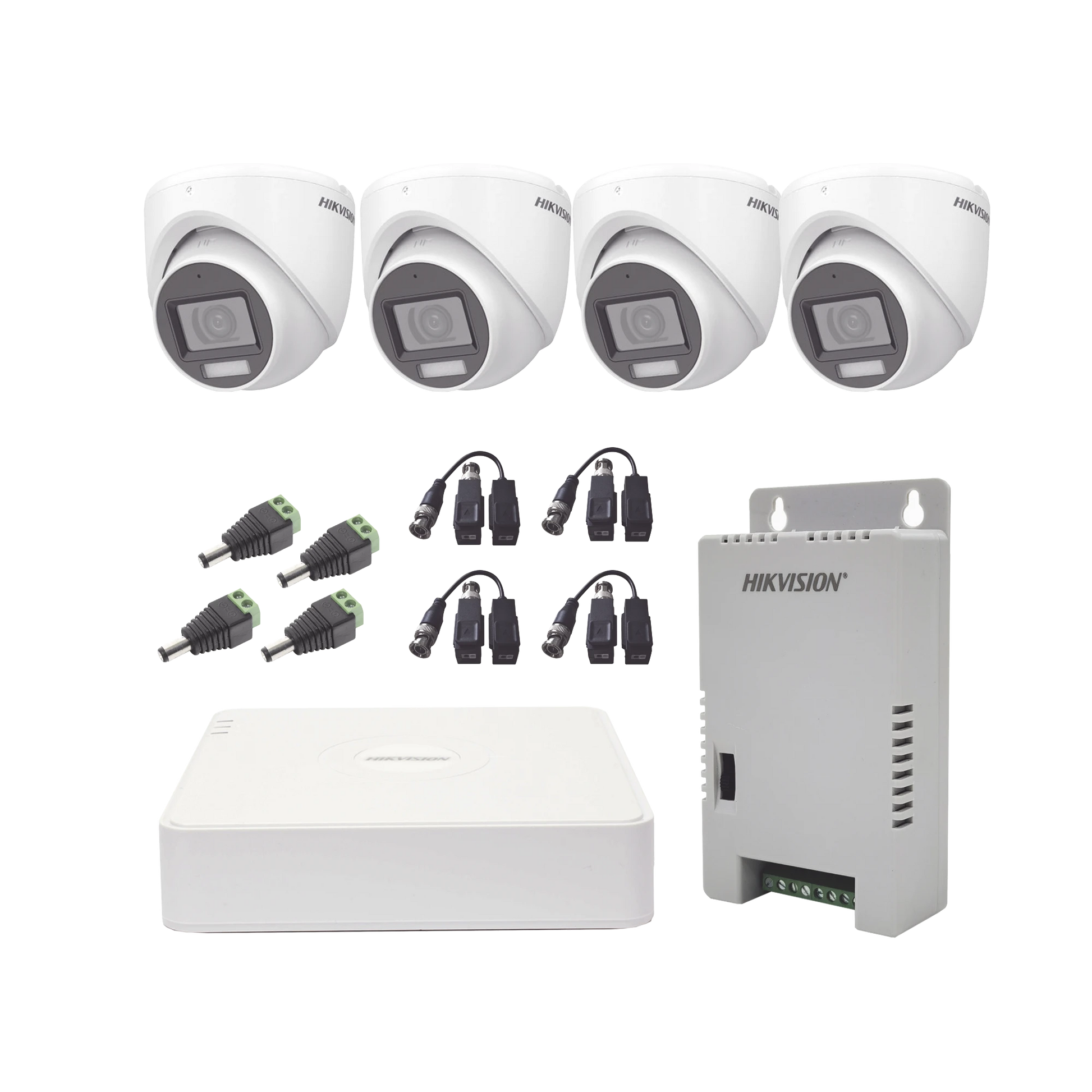 KIT TURBOHD 1080P / DVR 4 CANALES CON AUDIO POR COAXITRON / 4 CÁMARAS CON MICRÓFONO Y 106° VISIÓN/ LUZ BLANCA + IR VISIÓN NOCTURNA / TRANSCEPTORES / CONECTORES / FUENTE DE PODER PROFESIONAL-Kits- Sistemas Completos-HIKVISION-Bsai Seguridad & Controles