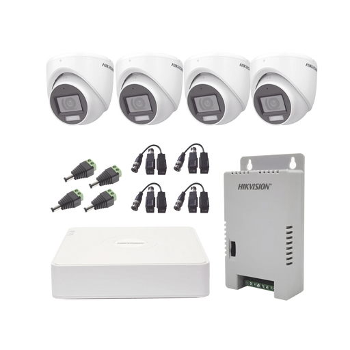 KIT TURBOHD 1080P / DVR 4 CANALES CON AUDIO POR COAXITRON / 4 CÁMARAS CON MICRÓFONO Y 106° VISIÓN/ LUZ BLANCA + IR VISIÓN NOCTURNA / TRANSCEPTORES / CONECTORES / FUENTE DE PODER PROFESIONAL-Kits- Sistemas Completos-HIKVISION-KH1080P4ESFH-Bsai Seguridad & Controles