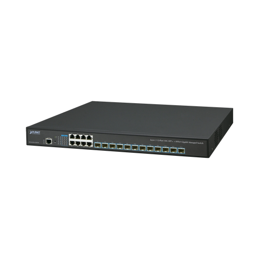 SWITCH ADMINISTRABLE LAYER 3 12-PUERTOS 10G SFP+, 8-PUERTOS 10/100/1000T C/FUENTE REDUNDANTE AC-Switches-PLANET-XGS-6350-12X8TR-Bsai Seguridad & Controles