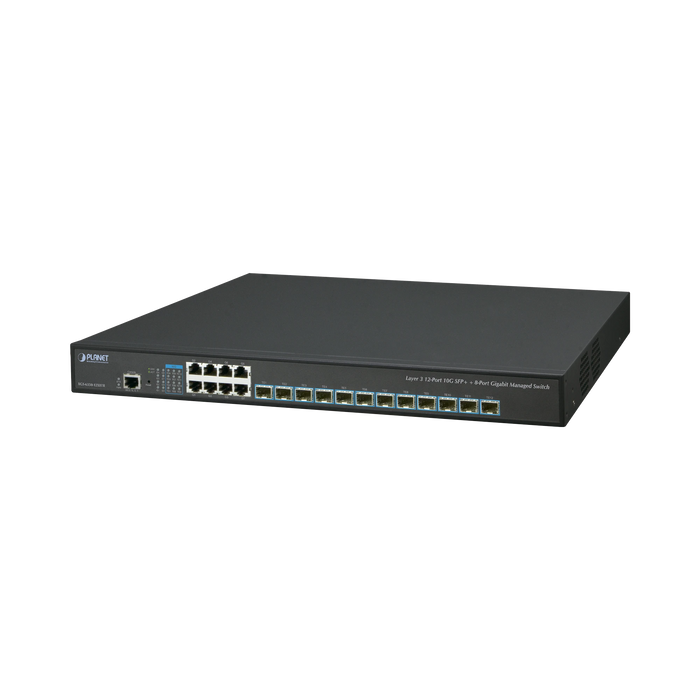 SWITCH ADMINISTRABLE LAYER 3 12-PUERTOS 10G SFP+, 8-PUERTOS 10/100/1000T C/FUENTE REDUNDANTE AC-Switches-PLANET-XGS-6350-12X8TR-Bsai Seguridad & Controles