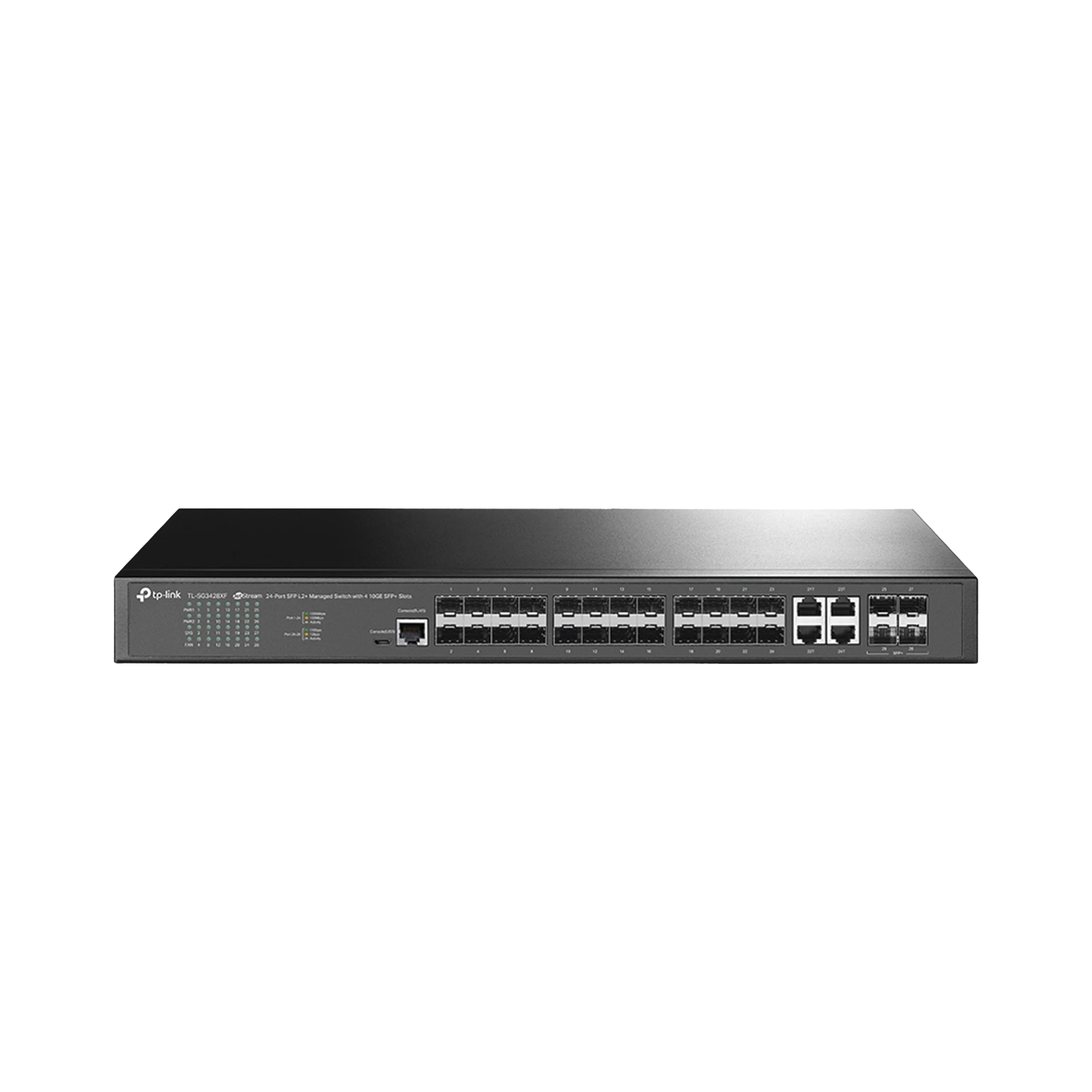 SWITCH DE FIBRA ÓPTICA OMADA SDN ADMINISTRABLE / 24 PUERTOS SFP 1GE / 4 PUERTOS COMBINADOS SFP+/RJ45 GIGABIT / 1 PUERTO CONSOLA RJ45 / 1 PUERTO CONSOLA MIRO-SUB / COMPATILE CON IPV6 / SILENCIOSO (SIN VENTILADORES) / FUNCIONES SFLOW, QINQ Y QOS-Networking-TP-LINK-Bsai Seguridad & Controles
